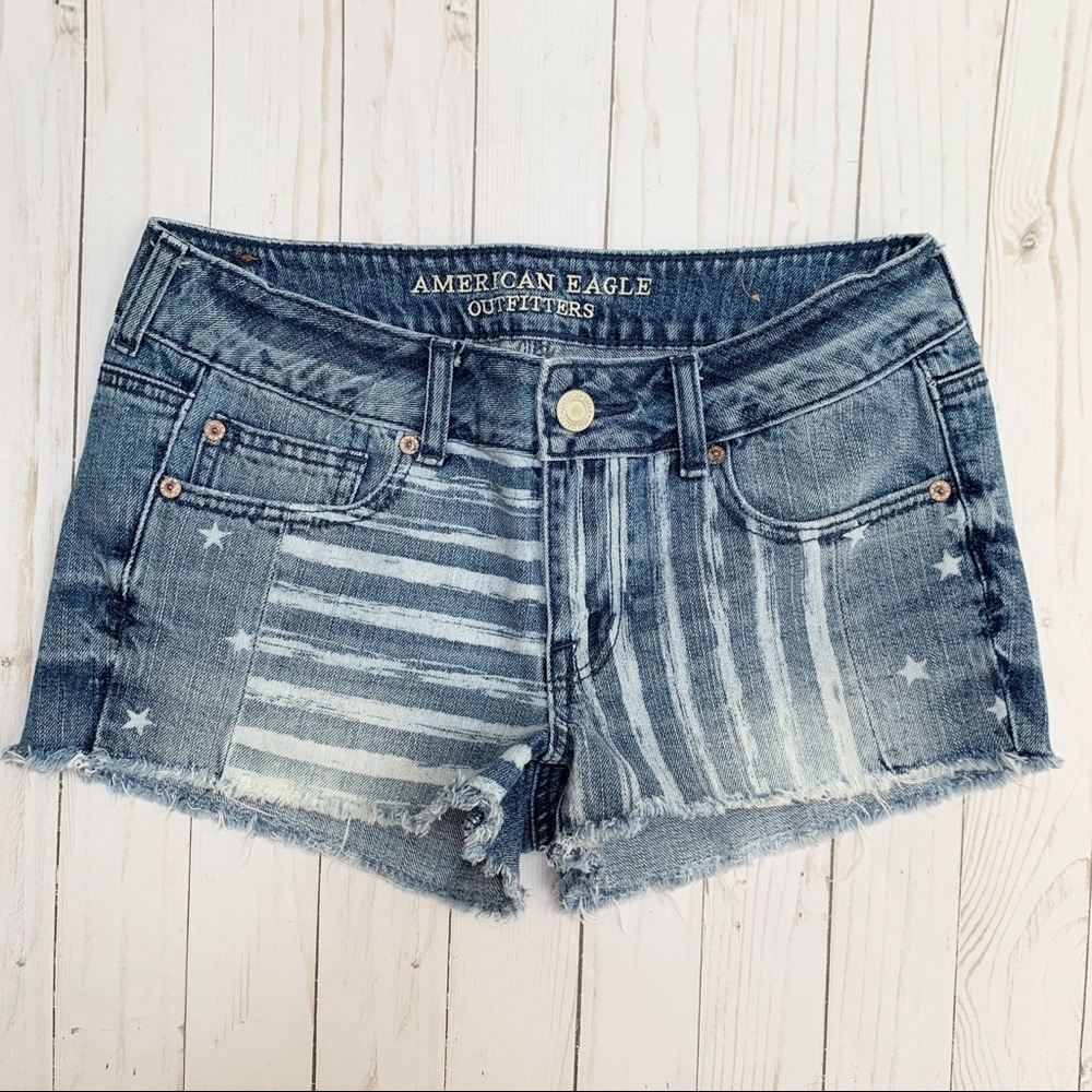 AEO Stars Stripes Flag Cut Off Denim Jean Shorts